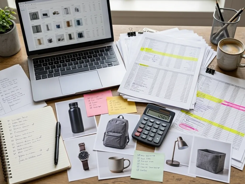 Escritorio con listas de precios, fotos de productos y una computadora