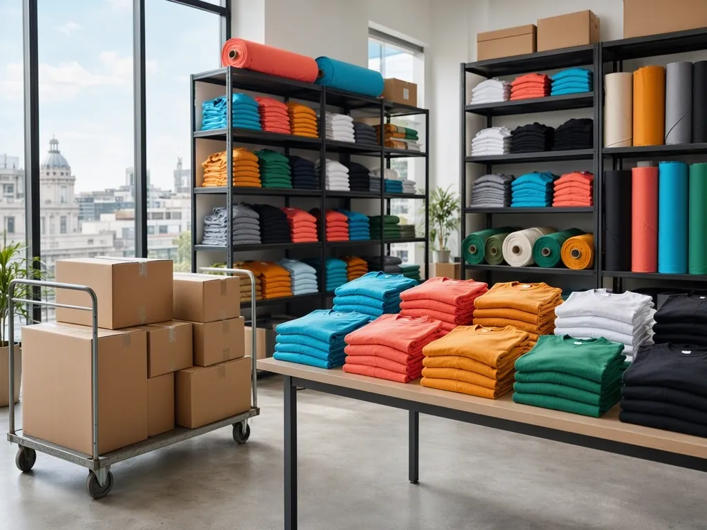 Showroom mayorista de indumentaria con remeras de colores y cajas listas para despachar