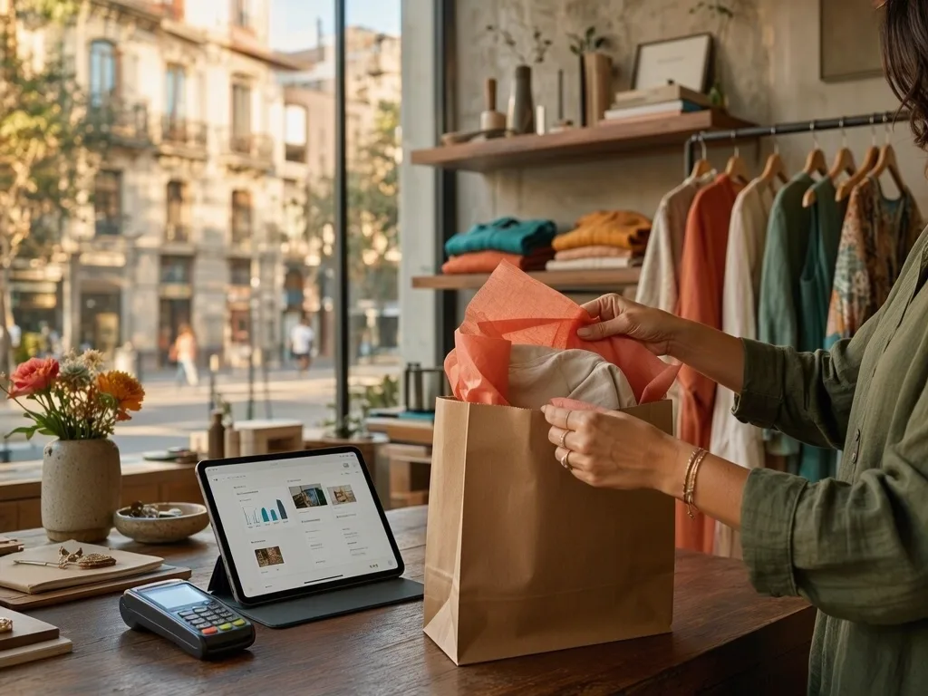 Comerciante preparando un pedido online en el mostrador de su local, con la tienda abierta en una tablet