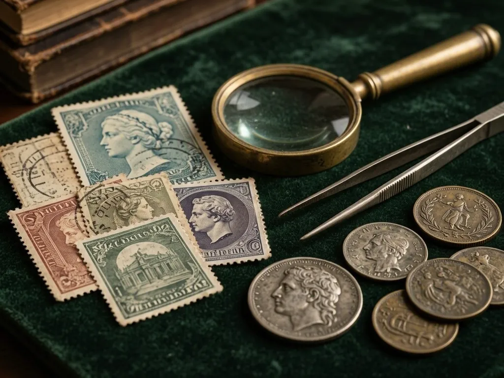 Estampillas antiguas y monedas con una lupa de coleccionista
