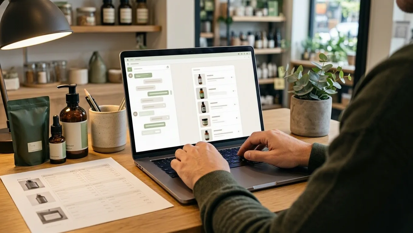Comerciante revisando en una notebook los cambios propuestos por un agente de inteligencia artificial