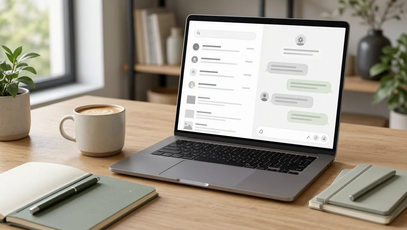 Notebook sobre un escritorio con un buscador abierto y una conversación con un asistente de inteligencia artificial