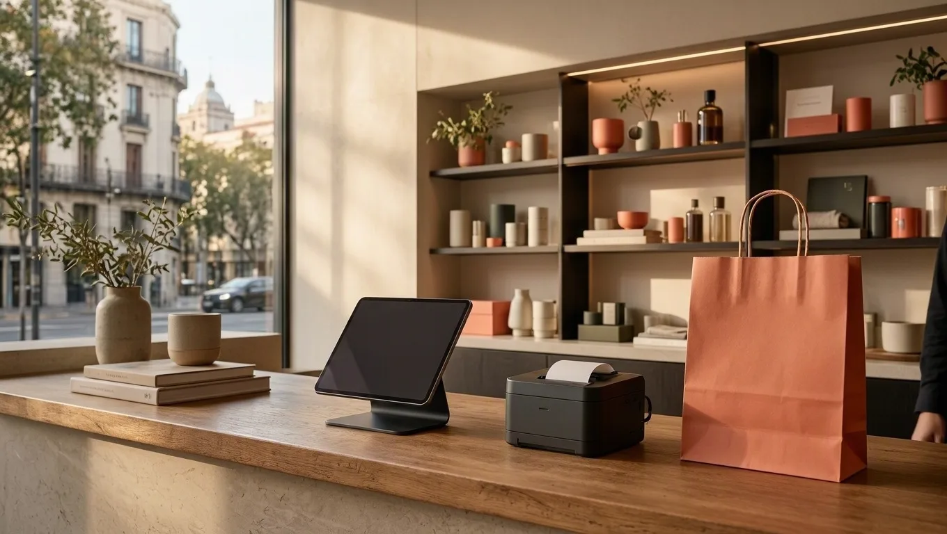 Mostrador de un comercio con una caja registradora, una tablet y estantes con productos